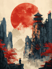 Zen-inspired Chinese landscape with ancient buildings