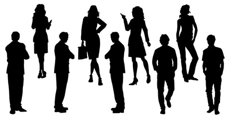 Obraz premium Silhouette group of fashionable people in standing pose. Silhouette collection of business people man and woman
