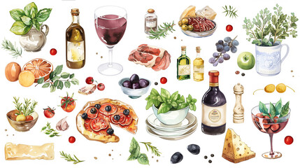 a set of watercolor pictures on the theme of Italian cuisine. watercolor image of pizza, wine, cheese, olives, basil, olives, jamon, grapes