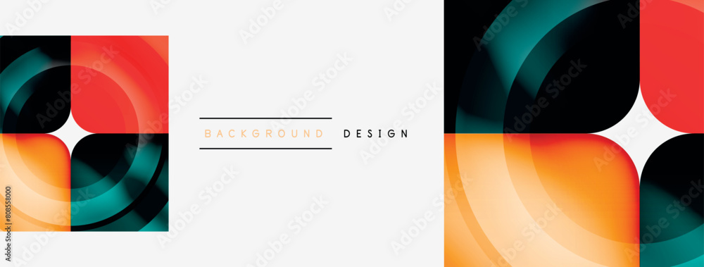 Poster a vibrant display of colorful squares and circles on a white background, resembling liquidfilled dri