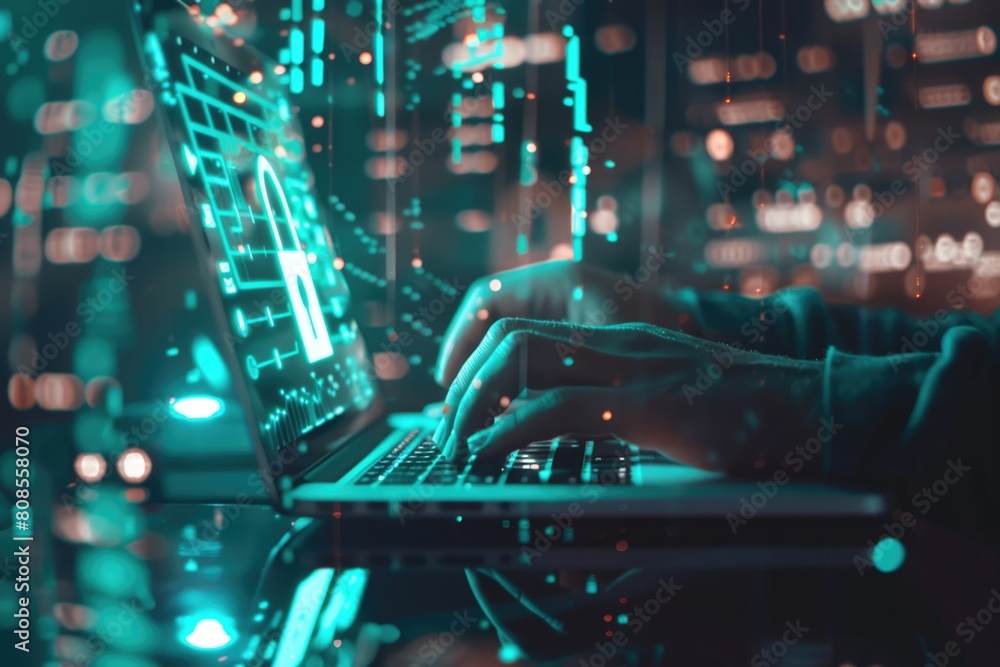 Poster a person is typing on a laptop with a green screen that has a lock symbol on it. concept of security
