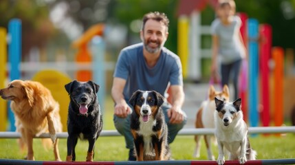 The focus picture of the dog with professional dog trainer and blur background with an amount of dog in outdoor area, the dog trainer require skills the knowledge of dog, patience and empathy. AIG43.