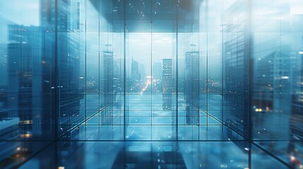 Fototapeta premium A background of glass buildings with a blue tint and a blurred cityscape in the distance, creating an atmosphere of futuristic urbanity. Generative AI.
