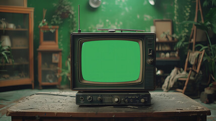 Vintage TV with green screen in retro living room