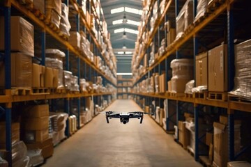Fototapeta premium A drone is flying in a warehouse. The warehouse is full of boxes and pallets. The drone is flying low to the ground, and it is not clear what it is doing