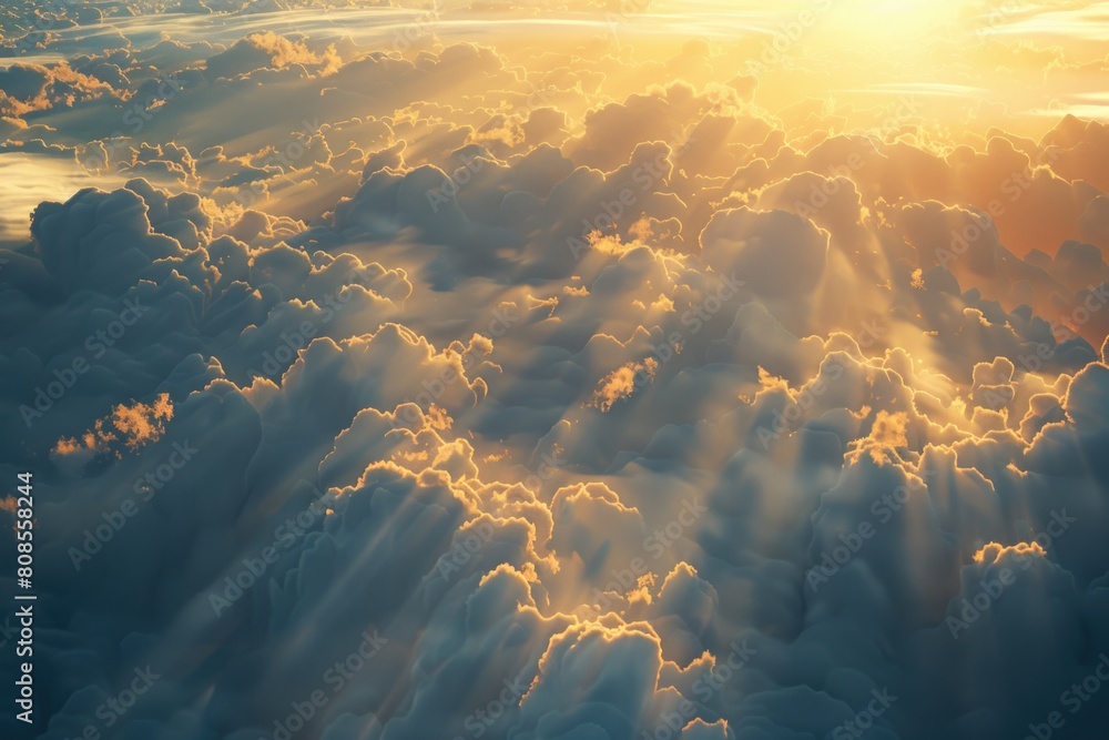 Poster the sky is filled with clouds and the sun is shining through them, creating a beautiful and serene a