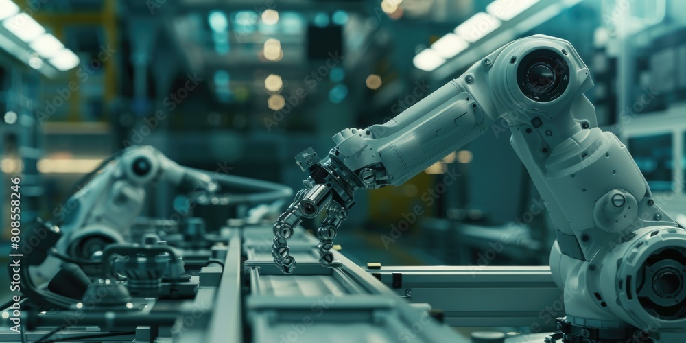 Poster a robot is working on a conveyor belt in a factory. the robot is white and has a mechanical arm. the