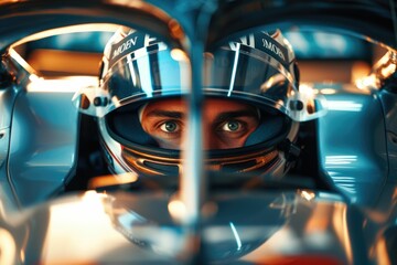 Obraz premium The picture of the formula one or f1 racer wearing the helmet for protection, the racing driver is focusing on the race track, the racer require skill like the concentration and driving skill. AIG43.