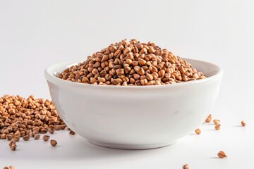 A bowl of brown grains is on a white table