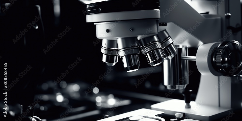 Aufkleber a microscope with a black background. the microscope is in focus and the image is in black and white