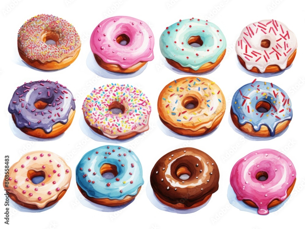 Poster a series of donuts with various colors and sprinkles. the donuts are arranged in a grid pattern, wit