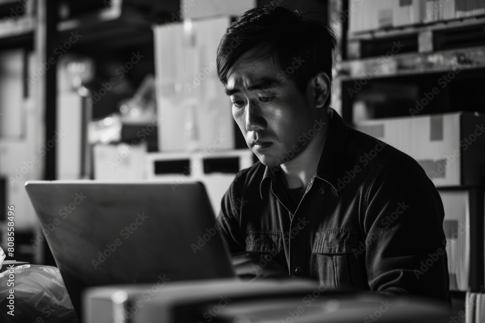 Poster a man is sitting at a desk with a laptop in front of him. he is looking at the screen with a serious