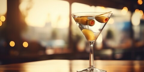 A martini glass filled with olives and a clear liquid. The glass is on a wooden table - Powered by Adobe