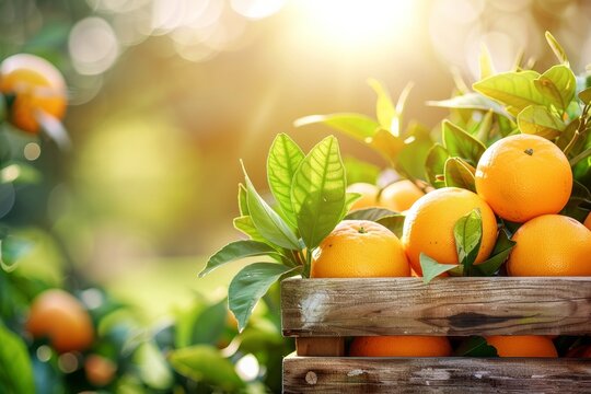 Ripe oranges in overflowing crate amidst lush garden, epitomizing abundant harvest