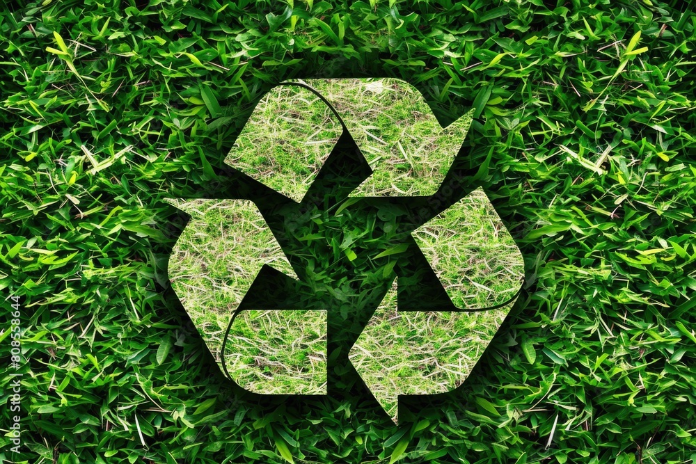 Poster a green grassy field with a recycling symbol in the middle. the symbol is a triangle with arrows poi