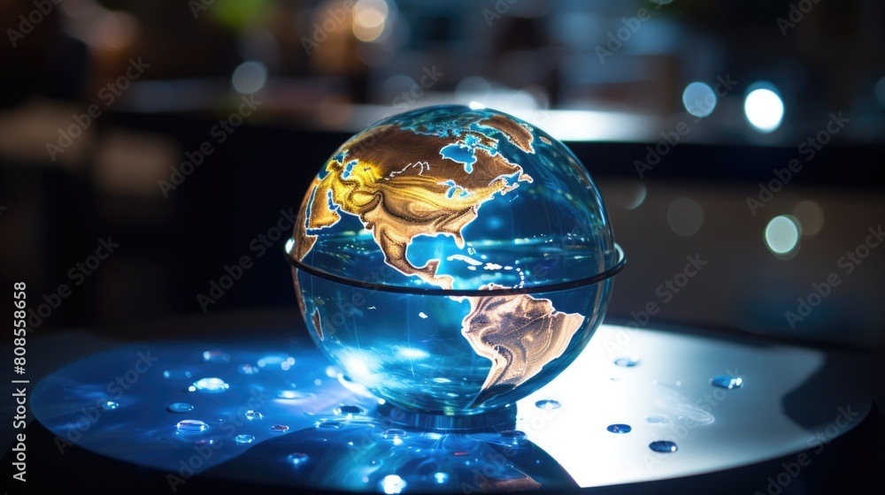 Poster a globe is sitting on a table with a blue background. the globe is illuminated and he is a light-up 