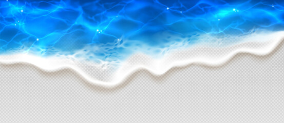Top view on sea or ocean blue water wave with white foam on transparent background. Realistic 3d vector of coastline aqua texture surface for summer beach vacation or seasonal promotion design