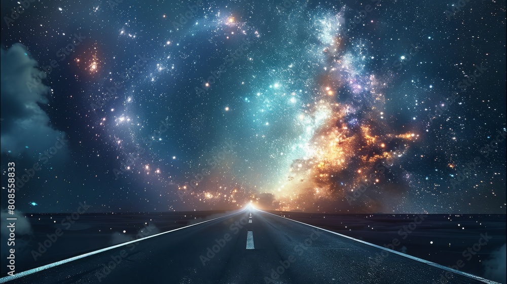 Poster A highway floating in the middle of outer space. Generative AI.