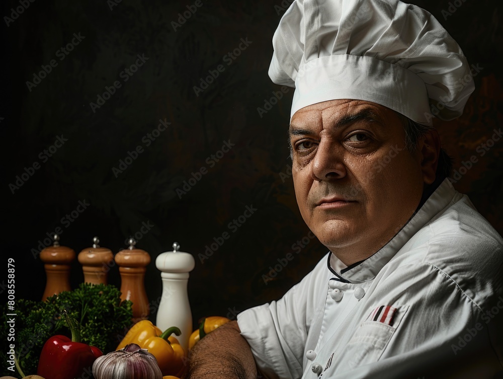 Poster a chef is standing in front of a table with various spices and vegetables. he is wearing a white hat