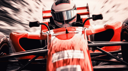 Fototapeta premium A red race car is speeding down a track. The driver is wearing a helmet and is focused on the road ahead. The car is designed for speed and agility, with a sleek and aerodynamic shape