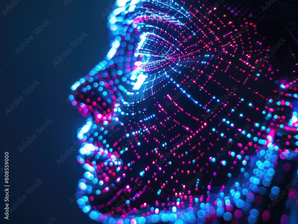 Poster a face made of dots in a blue and purple color scheme. the dots are arranged in a way that creates a
