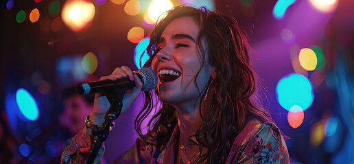 a girl singing in front of a microphone in a night club scene, happy and excited with colorful...