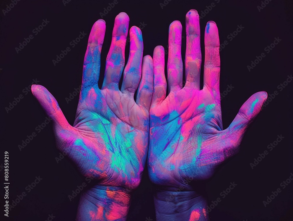 Poster two hands with colorful paint on them, creating a vibrant and lively atmosphere. the hands are sprea