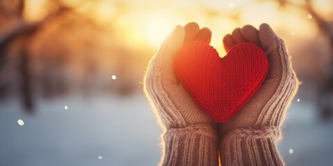 A person is holding a red heart in their hands. The heart is surrounded by snow, and the sky is orange. Concept of warmth and love, as the person holds the heart close to their chest