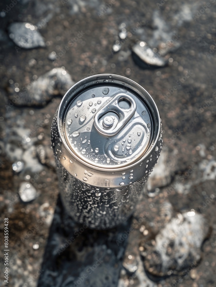 Aufkleber a can of soda is sitting on a wet surface. the can is open and has condensation on it. concept of re