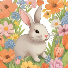 Obraz premium Rabbit among flowers eating a carrot, cartoon illustration 