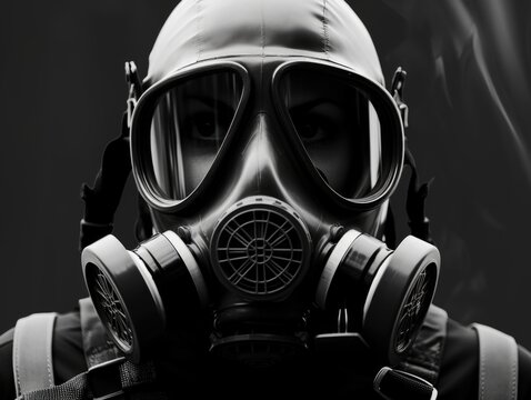 A woman wearing a gas mask with a black background. The woman is wearing a gas mask and has a serious look on her face