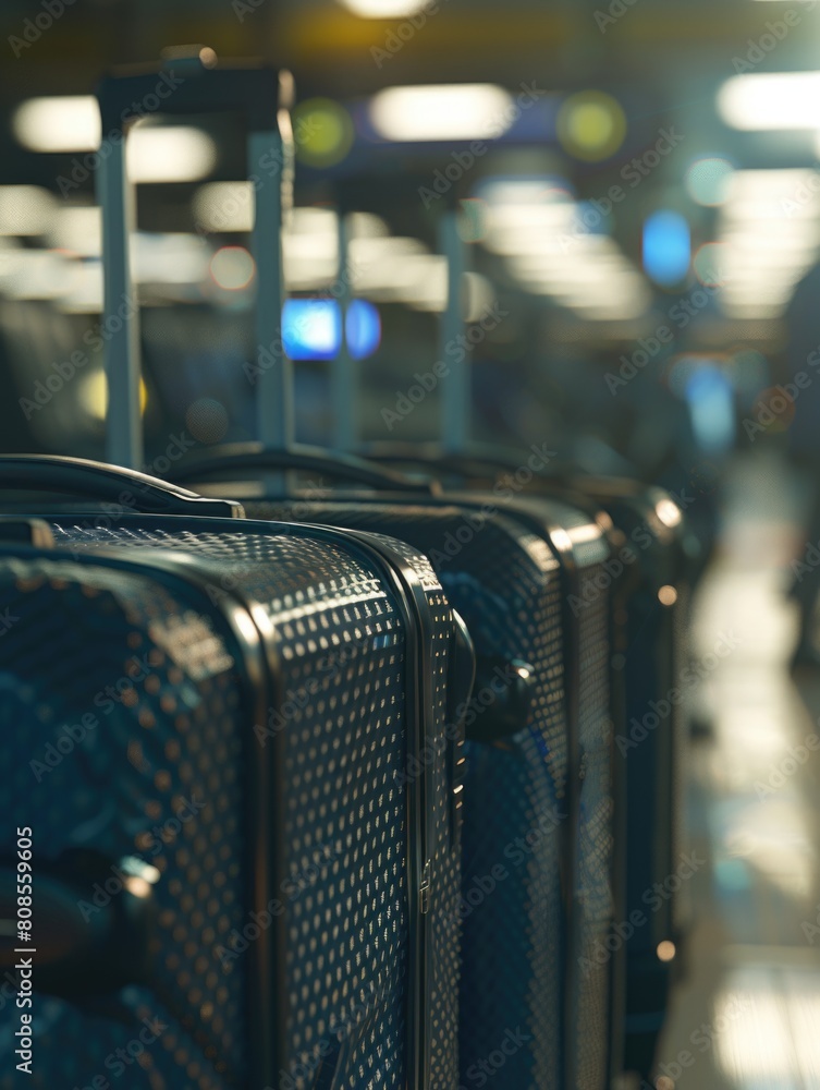 Poster a row of blue suitcases with a pattern of dots on them. the suitcases are lined up on a conveyor bel