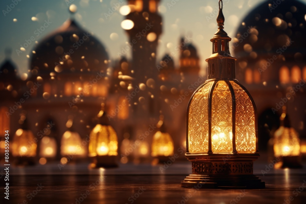 Poster a lantern sits on a table in front of a building with a dome. the lantern is lit, creating a warm an