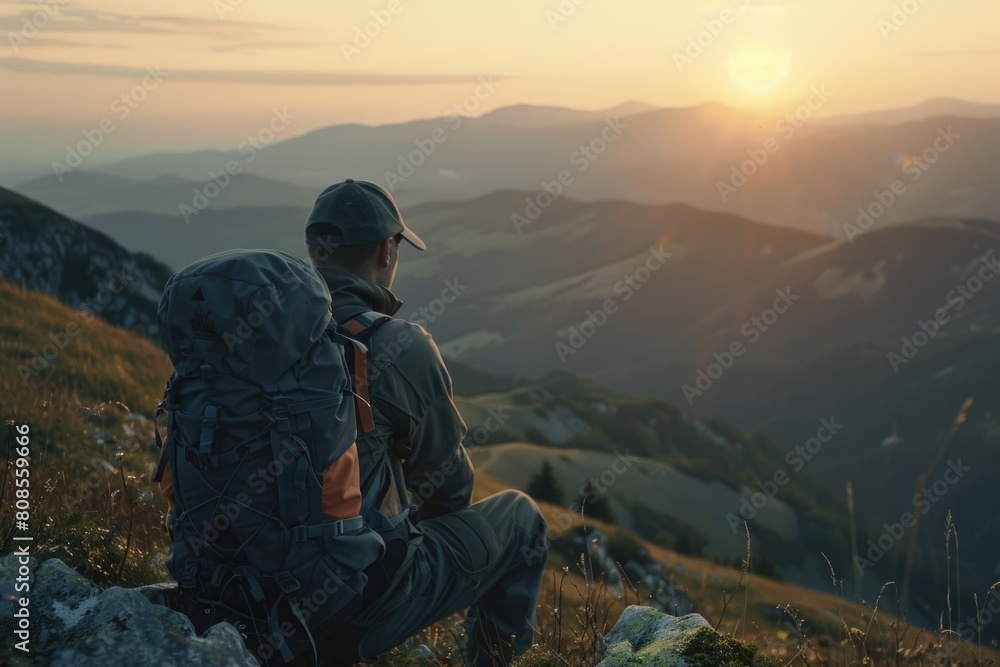 Poster a man is sitting on a mountain top with a backpack on his back. the sun is setting in the background