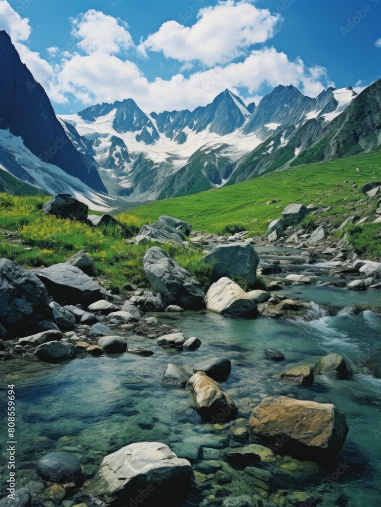 Aufkleber a mountain range with a river running through it. the water is clear and the rocks are scattered thr