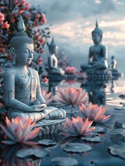 A serene scene of a group of Buddha statues surrounded by pink flowers and lilies. The statues are sitting on small platforms in the water, creating a peaceful and calming atmosphere