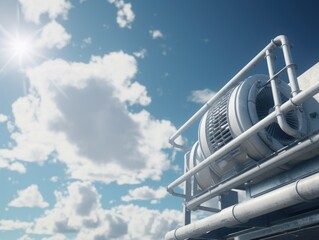 Naklejka premium A large white object with a black and silver design sits on top of a building. The object is surrounded by pipes and he is a part of a larger system. The sky above is cloudy