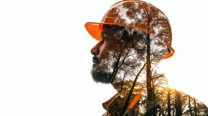 Fototapeta premium Portrait of a tree-trimmer man with safety helmet letting see forest trees on white background with copy space