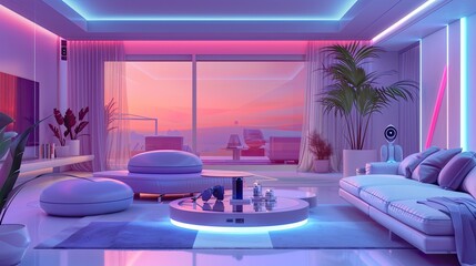 A futuristic living room with integrated AI that controls everything from the ambient lighting to the sound system, all centered around a voice-activated home assistant