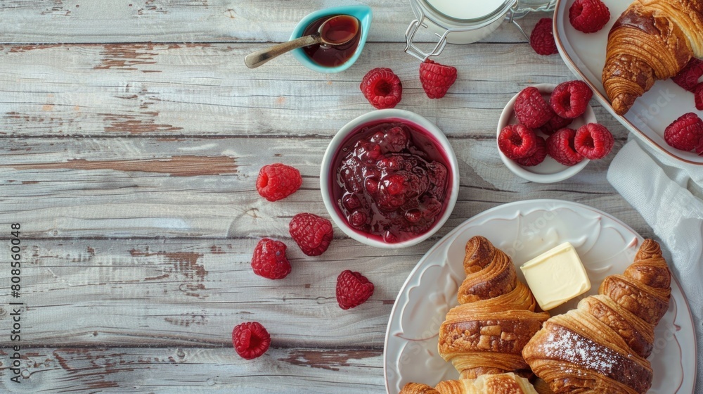 Poster a plate of croissants with raspberry jam and butter on a wooden table. the table is covered with ras