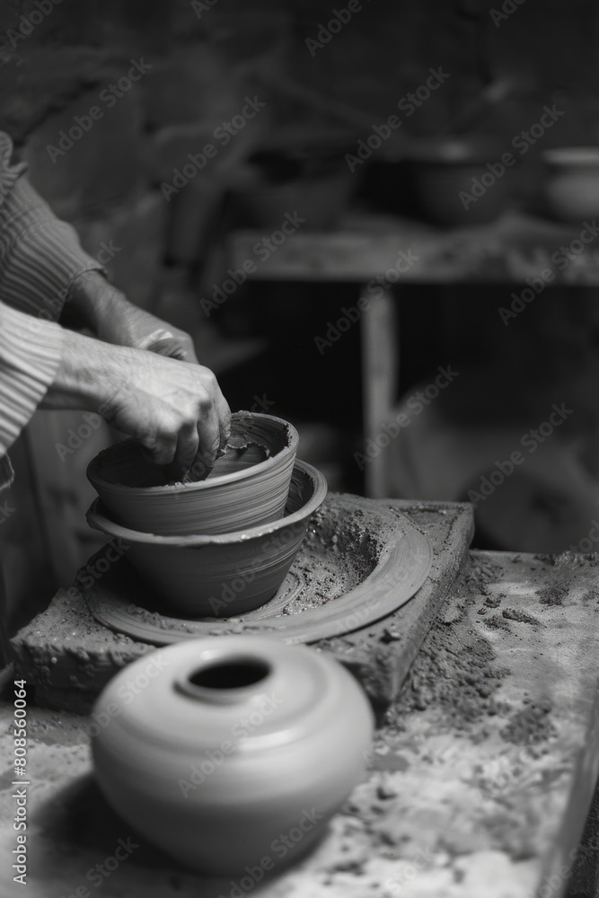 Poster a man is making pottery in a studio. he is working on a bowl and a vase. the studio is filled with v