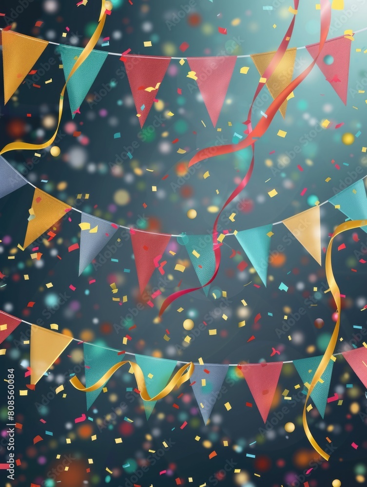 Poster a colorful banner with a bunch of confetti falling from it. the banner is made up of many different 