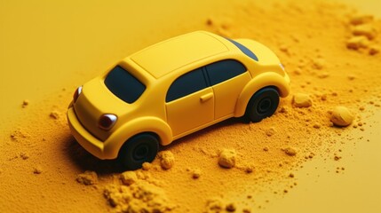 A yellow toy car is sitting on a pile of dirt. The car is small and has a black roof. The scene is set in a yellow background, which gives the impression of a sunny day