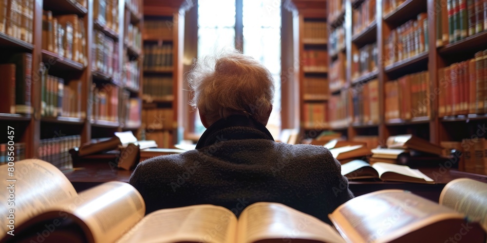 Poster a man is sitting in a library with many books around him. he is looking at a book with a smile on hi