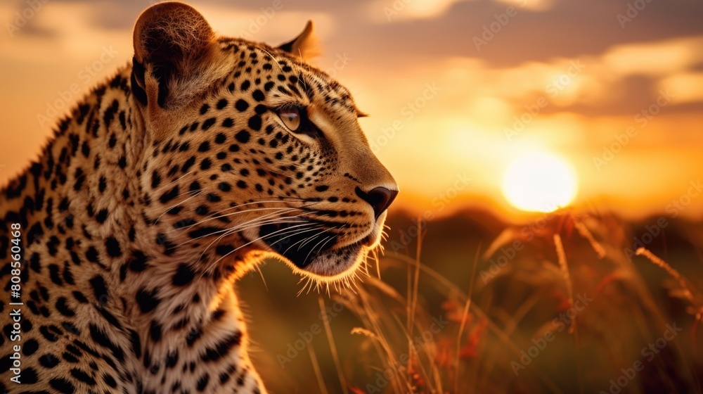 Poster a leopard is staring at the camera in a field with a sunset in the background. scene is serene and p
