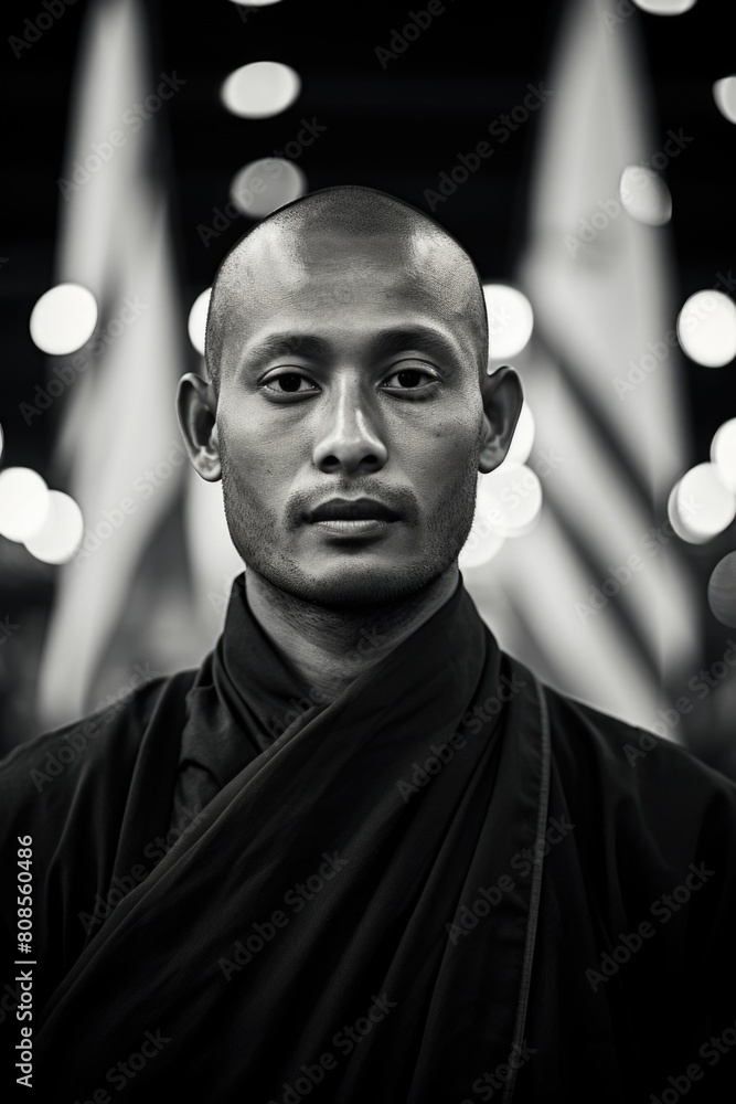 Poster a man with a shaved head stands in front of two flags. the man is wearing a black robe and has a ser