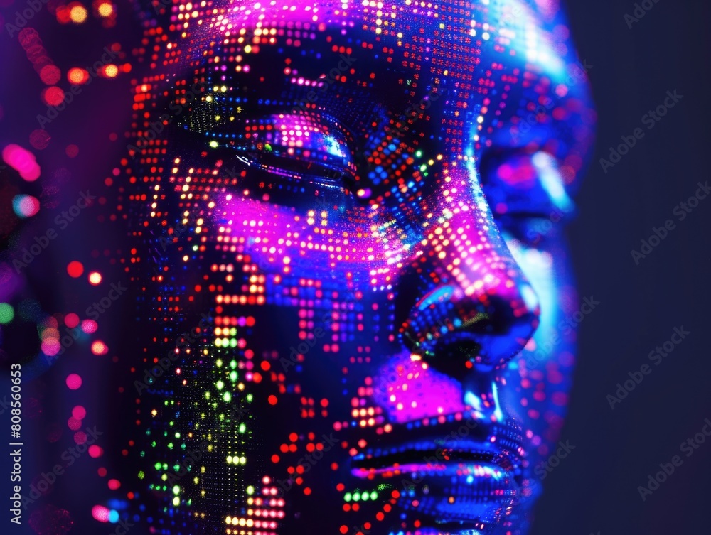 Poster a woman's face is made up of colorful dots. the image is abstract and futuristic, with a sense of mo