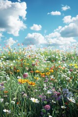 A field of flowers with a blue sky in the background. The flowers are of various colors and sizes, and the sky is partly cloudy. Scene is peaceful and serene, as the flowers and sky create a beautiful