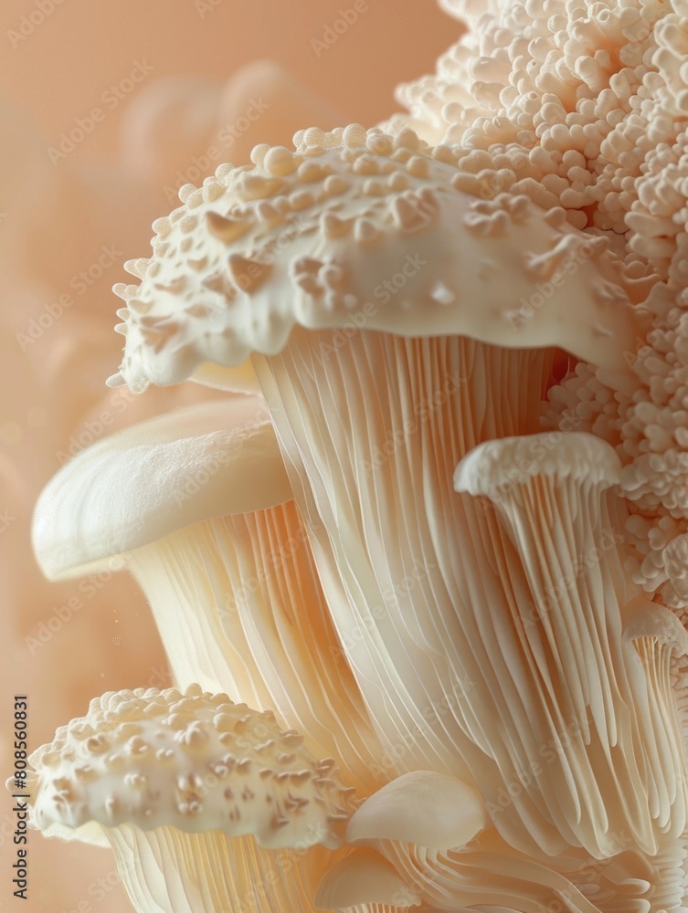 Poster a close up of a group of white mushrooms, with some of them having a slightly darker hue. the mushro