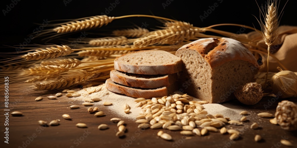 Poster a loaf of bread is cut into slices and sits on a table with a pile of wheat. the bread and wheat are